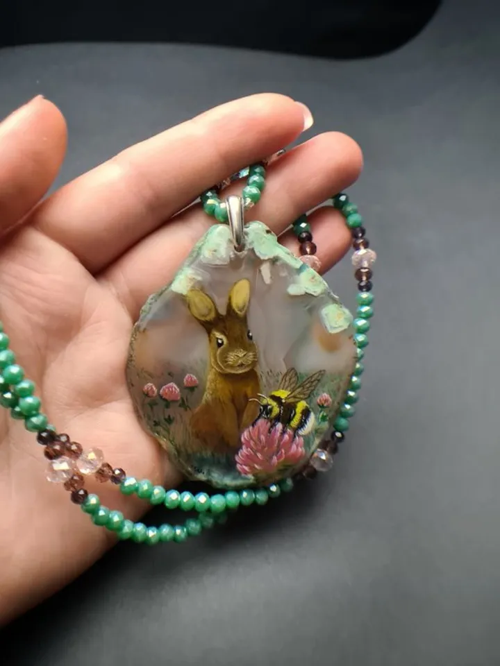 Necklace with rabbit, bumblebee Painting Agate stone Christmas Gift Wrapping