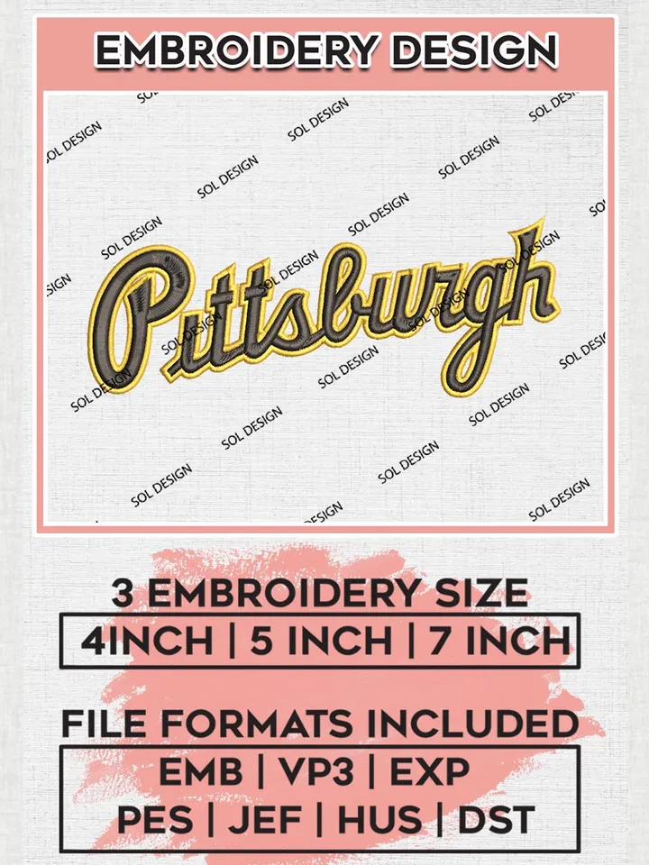 MLB Pittsburgh Wordmark Logo Embroidery Design Files, MLB Pittsburgh Pirates Team Embroidery, MLB Teams, 3 sizes, MLB Machine embroidery designs, Digital Download