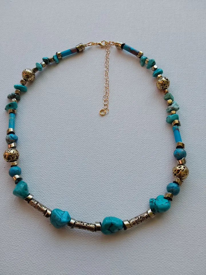 Choker, necklace, beads made of turquoise, volcanic lava, tinted in antique gold colorand, gilded hematite. Length 42-50cm