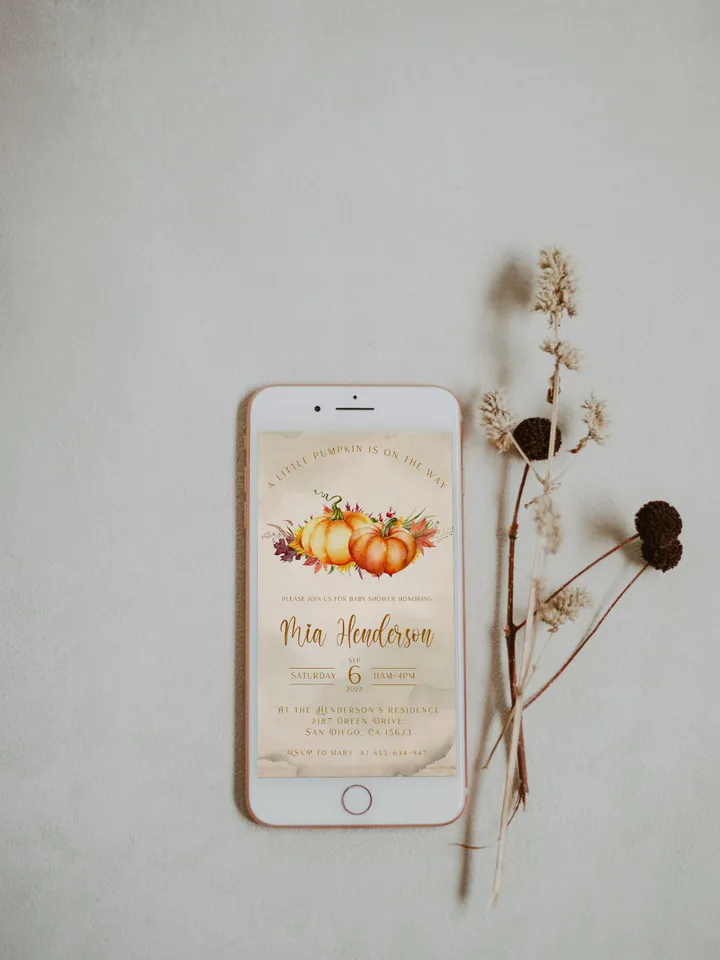 Little Pumpkin is on the way; Editable Autumn Pumpkin Baby Shower Invitation Template Canva; Fall 2022 Autumn Smartphone Digital Invitation