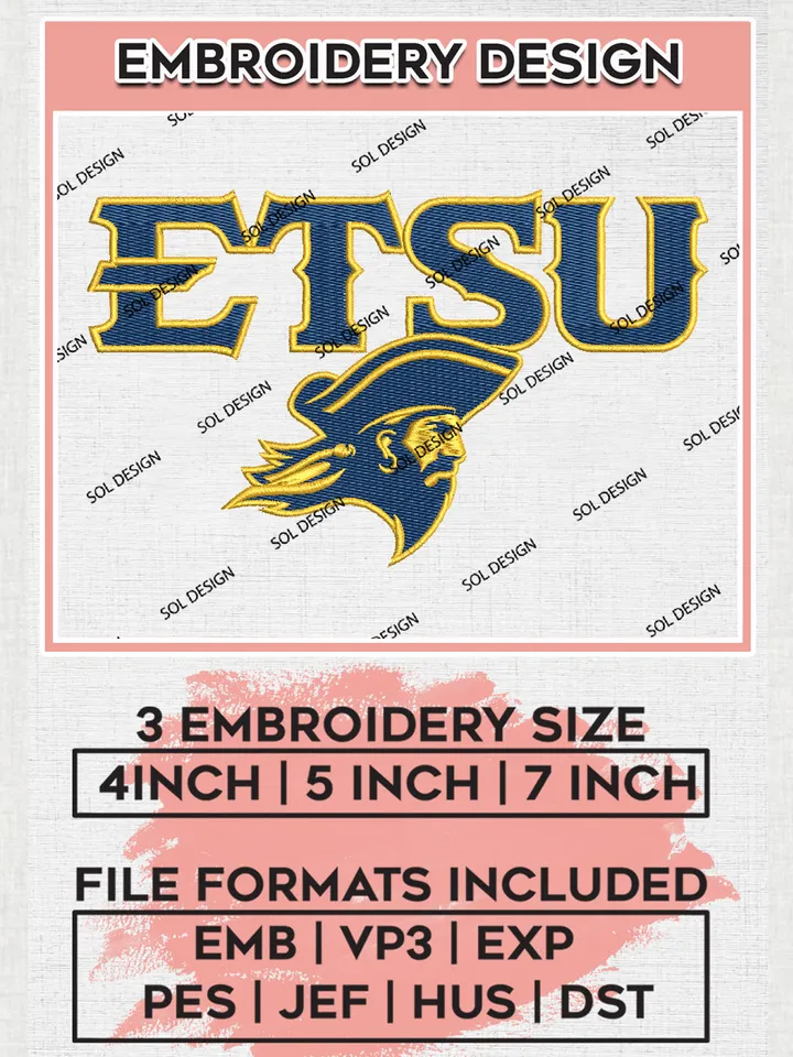 NCAA ETSU Buccaneers Team Head Logo Embroidery Design Files, NCAA East Tennessee State Buccaneers Machine Embroidery, NCAA Teams, 3 sizes, NCAA Machine embroidery designs, Digital Download