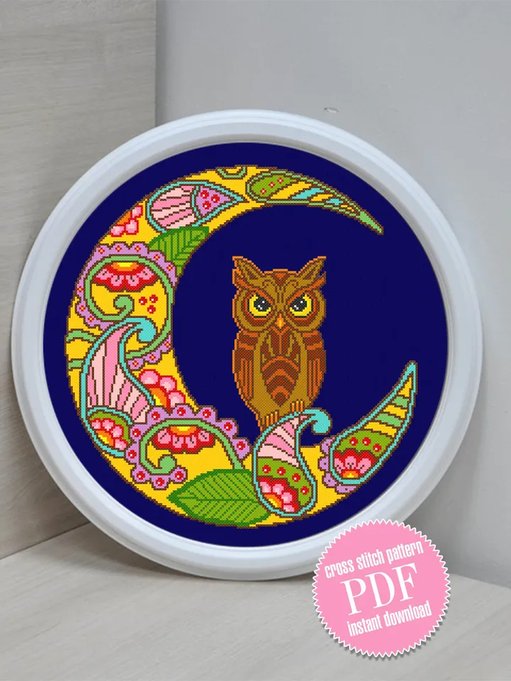 Crescent moon cross stitch pattern download PDF, Colorful mandala cross stitch, Mandala pattern digital PDF, Owl cross stitch chart #M98