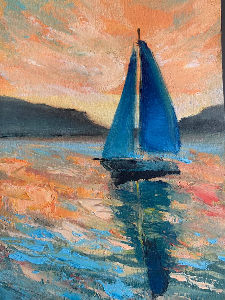 Yacht on a sunset oil original painting impasto