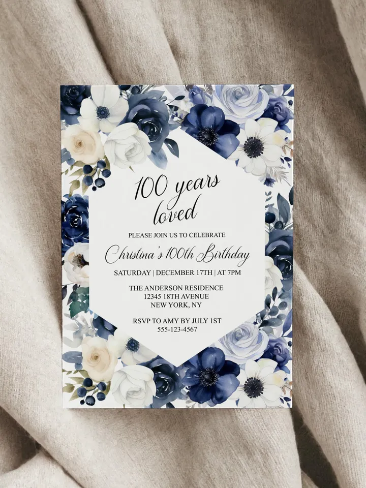 100th Birthday Invitations, Printable 100th Birthday Party Invitation, Navy Blush Floral 100th Birthday Invite - i133