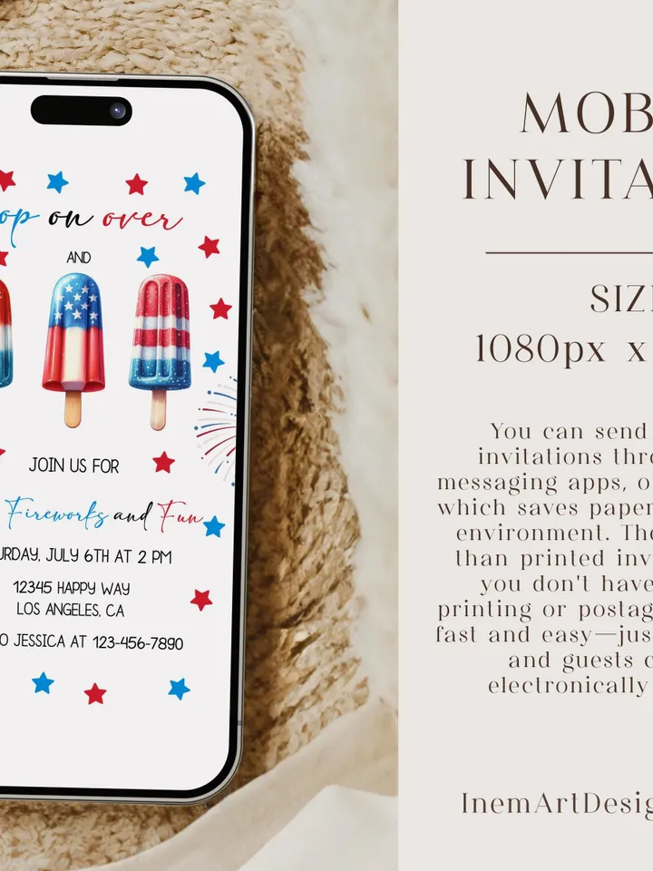 4th of July Invitation, Independence Day party Invite, Popsicles Pop on Over Invitation, Patriotic Party Invitation, Editable Canva Template