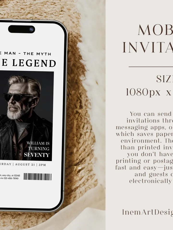 The Man The Myth The Legend 70th Birthday Invitation, SEVENTY, Editable Printable, 70th Party Text Invite, Instant Download, Canva Template