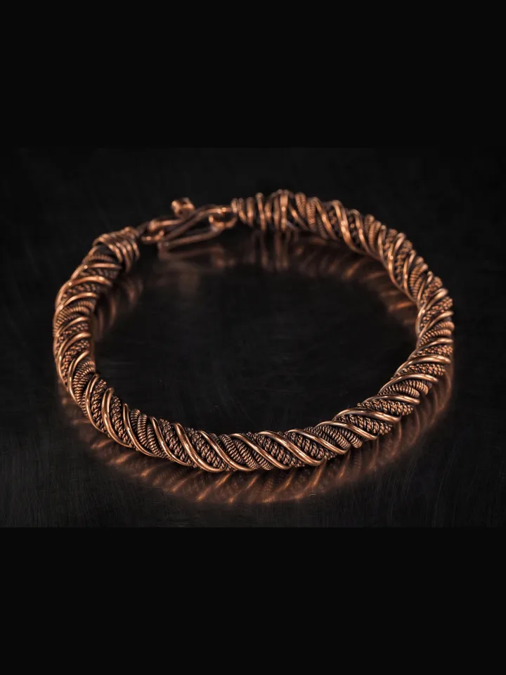 Narrow wire wrapped copper bracelet Unique metal bangle Handmade jewelry