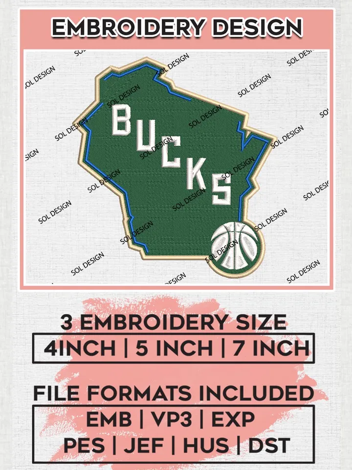 NBA Milwaukee Bucks Maps Logo Machine Embroidery Designs, Milwaukee Bucks Embroidery Design Files, NBA Logo Machine Embroidery, NBA Embroidery Design, Digital Download