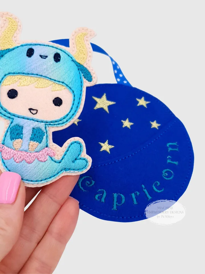 ITH Capricorn Zodiac Finger Puppet & Bag Embroidery Design, Goat Star Sign Toy, 4x4 Hoop Christmas Ornament