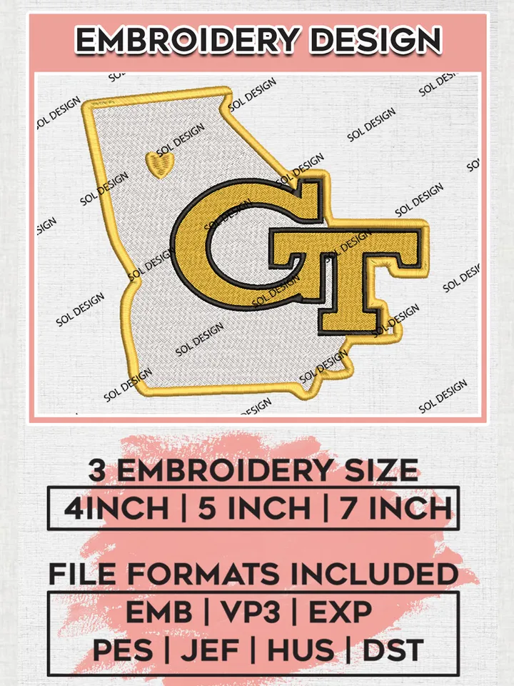 NCAA Georgia Tech Team Map Logo embroidery designs, NCAA Georgia Tech Yellow Jackets Logo Machine embroidery designs, NCAA Team Logo embroidery designs, NCAA Game Day Machine embroidery designs, Digital Download