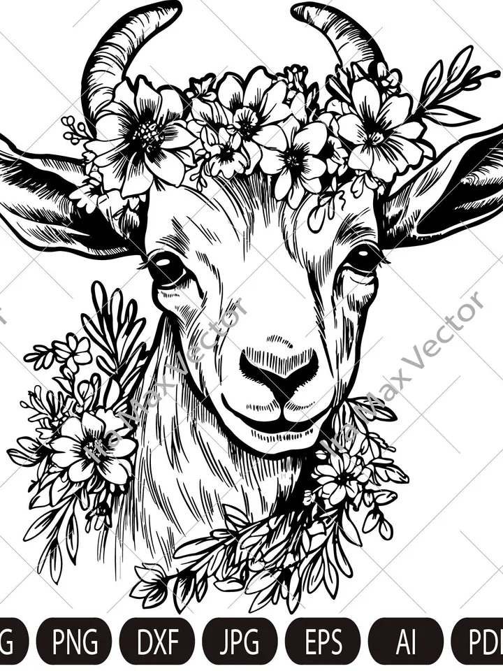 Floral Goat SVG file, Goat with Flower Crown SVG,Goat cut file, Animal Face, Floral Crown, Farm Animals, I love goats shirt svg file