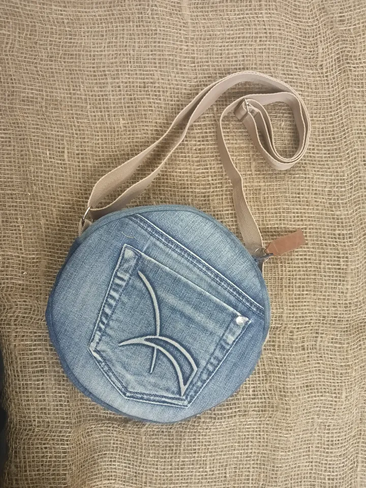 Unusual round denim purse with 4 pockets , small crossbody bag