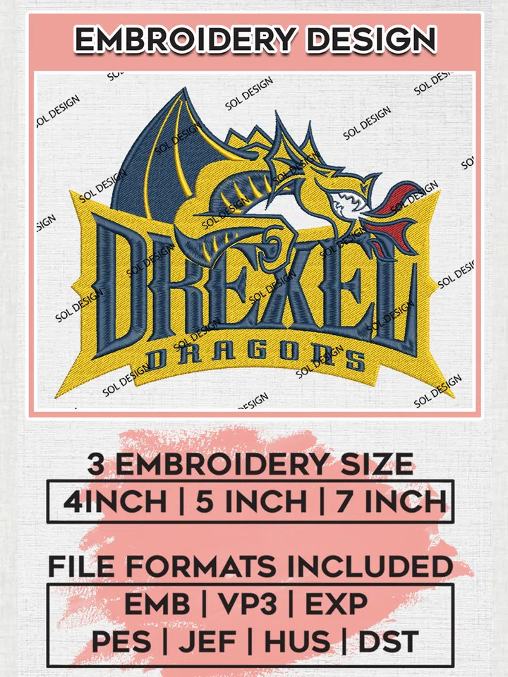 NCAA Drexel Dragons Football Team Logo Embroidery Design Files, NCAA Drexel Dragons Machine Embroidery, NCAA Teams, Game Day, 3 sizes, NCAA Machine embroidery designs, Digital Download