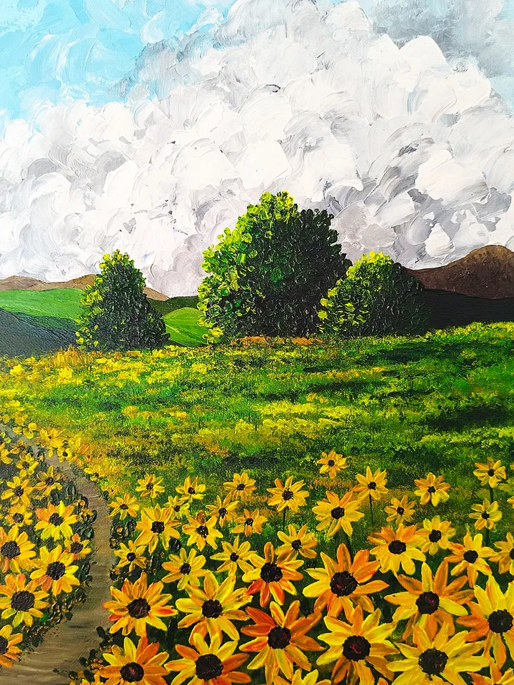 Sunflowers Landscape Textured Acrylic Painting Artwork Impasto