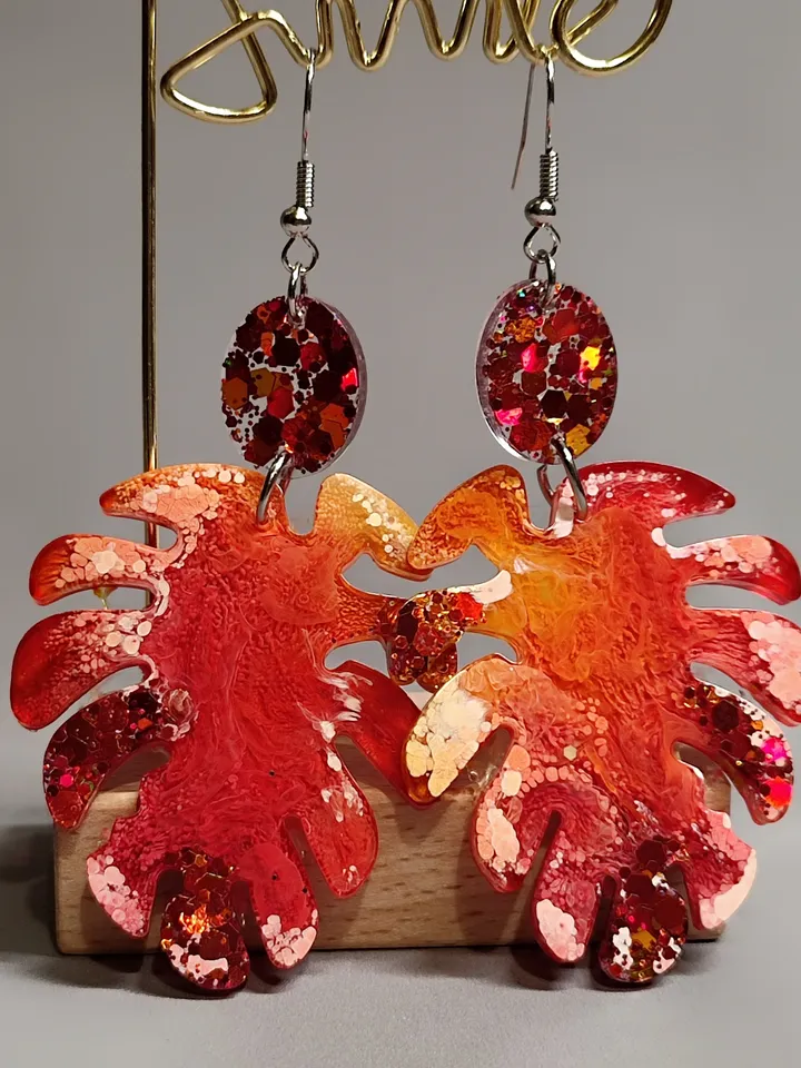 Monster leaf earrings, orange colored earrings, stylish earrings