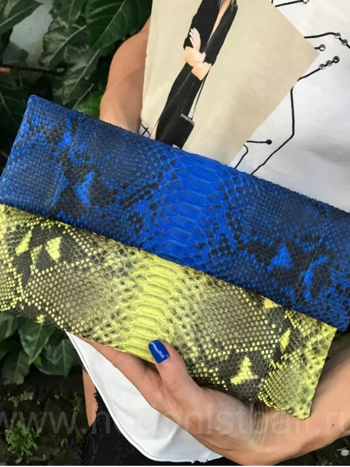 Genuine python skin blue and yellow colorblock handmade clutch, classy elegant leather envelope bag, purse free shipping, flat snake clutch