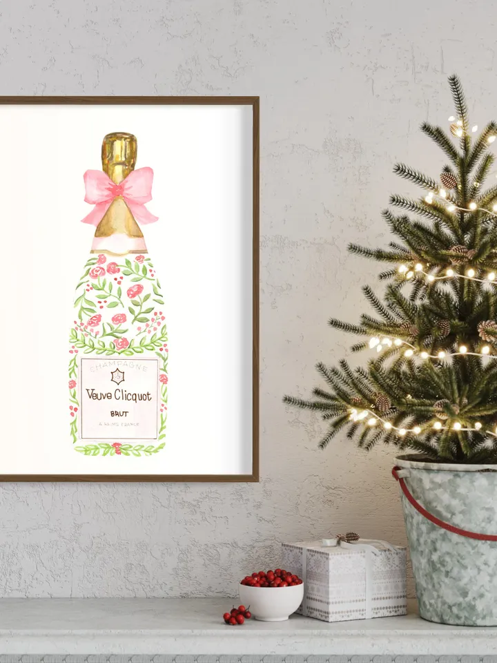 Champagne Bottle Chinoiserie Style Wall Art Print,Pink Watercolor Bar Cart Print, Cocktail Decor,Wine Wall Art,Preppy Bar Cart, Gift For Her