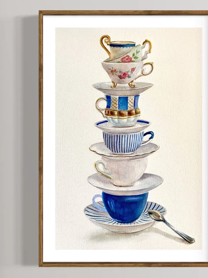 Tea Cups Original Watercolor Painting Kitchen Wall Art Tea Lover Gift Stack Of Cups Tea Cup Blue White Still Life Tea Lovers Watercolor Art