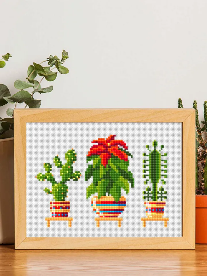 Small home plants cross stitch pattern PDF Floral cross stitch chart, Cactus cross stitch Instant download PDF, Potted plant embroidery #P10