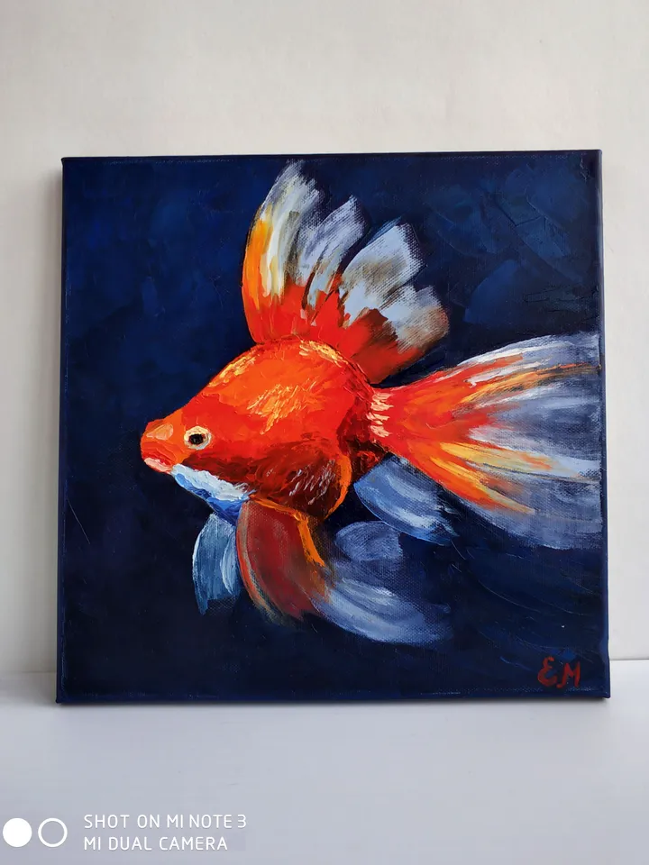 Oil painting goldfish, Bright fish, Symbol of good luck and happiness, Goldfish oil painting