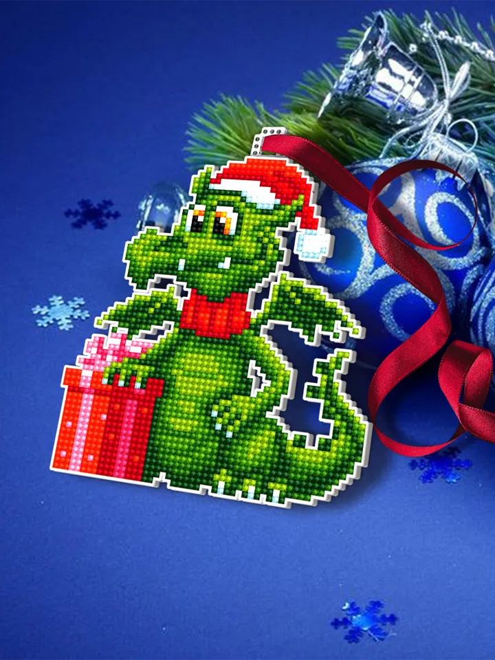 Christmas dragon cross stitch pattern PDF download Double-sided Christmas tree decor for plastic canvas, Small Green dragon pattern #N101