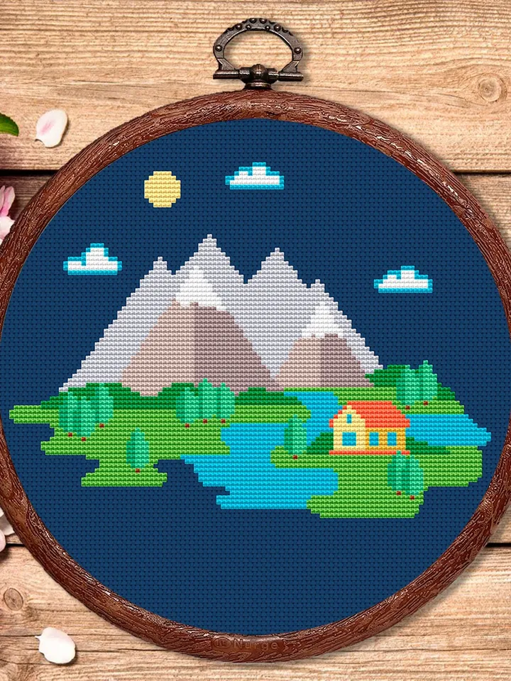 Mountain Landscape Cross Stitch Pattern, Island Cross Stitch, Embroidery Travel, Travel Cross Stitch Pattern, Modern Cross Stitch #trl005