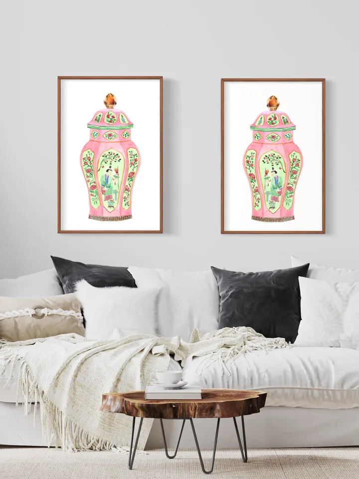 Pink Chinoiserie Ginger Jar Vase Set Of 2 Vintage Living room Wall Art Pagoda Porcelain Vases Apartment Art Print Living Room Wall Art Print