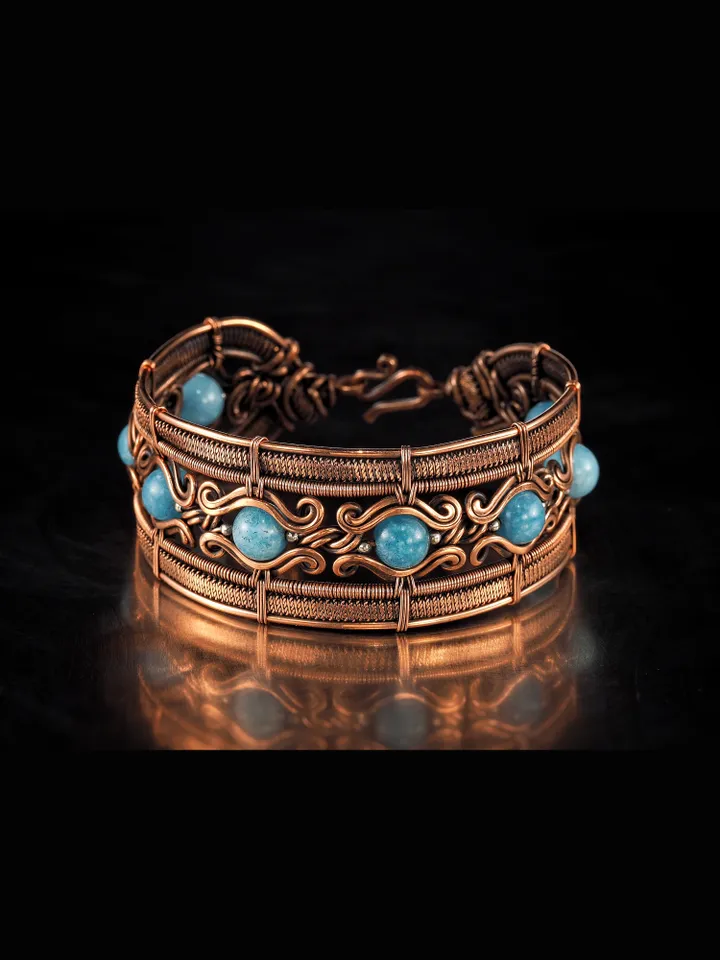 Copper wire wrapped aquamarine bracelet Unique bangle 7th Wedding Anniversary