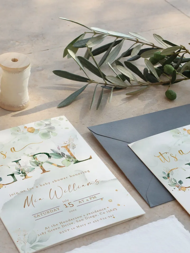 It's a Girl Baby Shower Invitation Template; Greenery Girl baby shower; Green Gold Leaves Baby Girl Invite; Botanical Eucalyptus Baby Shower