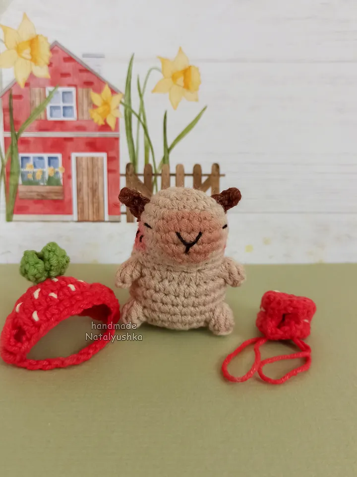 Capybara toy in costume, Capybara frog, Capybara strawberry, Crocheted small Capybara, Kawaii.