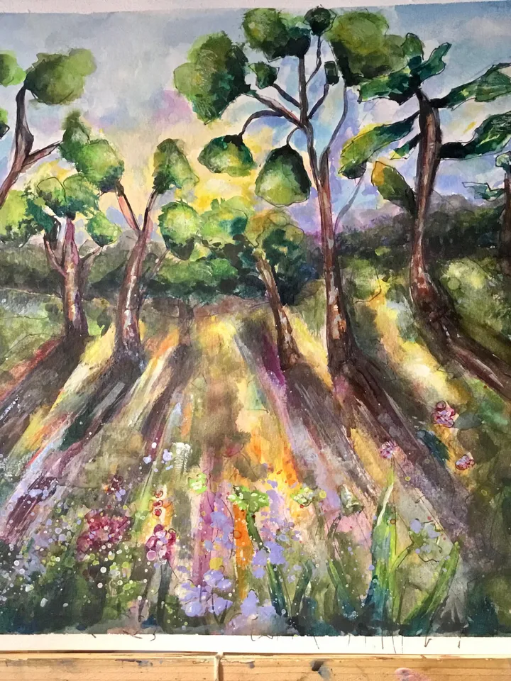 Fantasy landscape original watercolour painting,trees and flower fields on sunset,home decoration,wall hanging,gift.