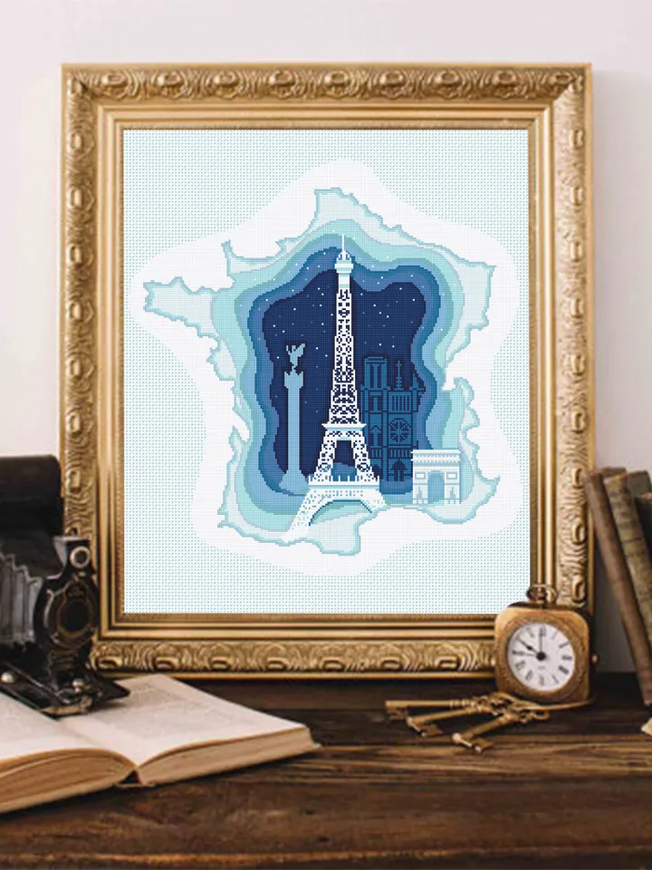 France map cross stitch pattern PDF download Eiffel Tower cross stitch chart, France pattern digital PDF, Paris decor #E15