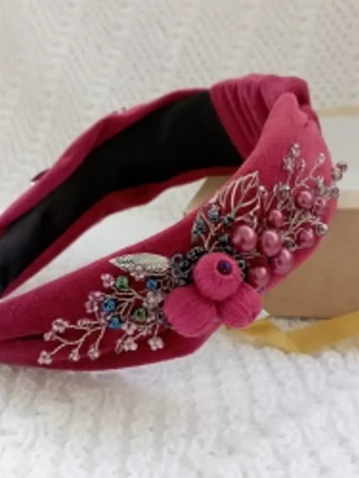Magenta tie headband for women, beaded crystal headband, velvet embroidered headband, embellished headband, turban headband