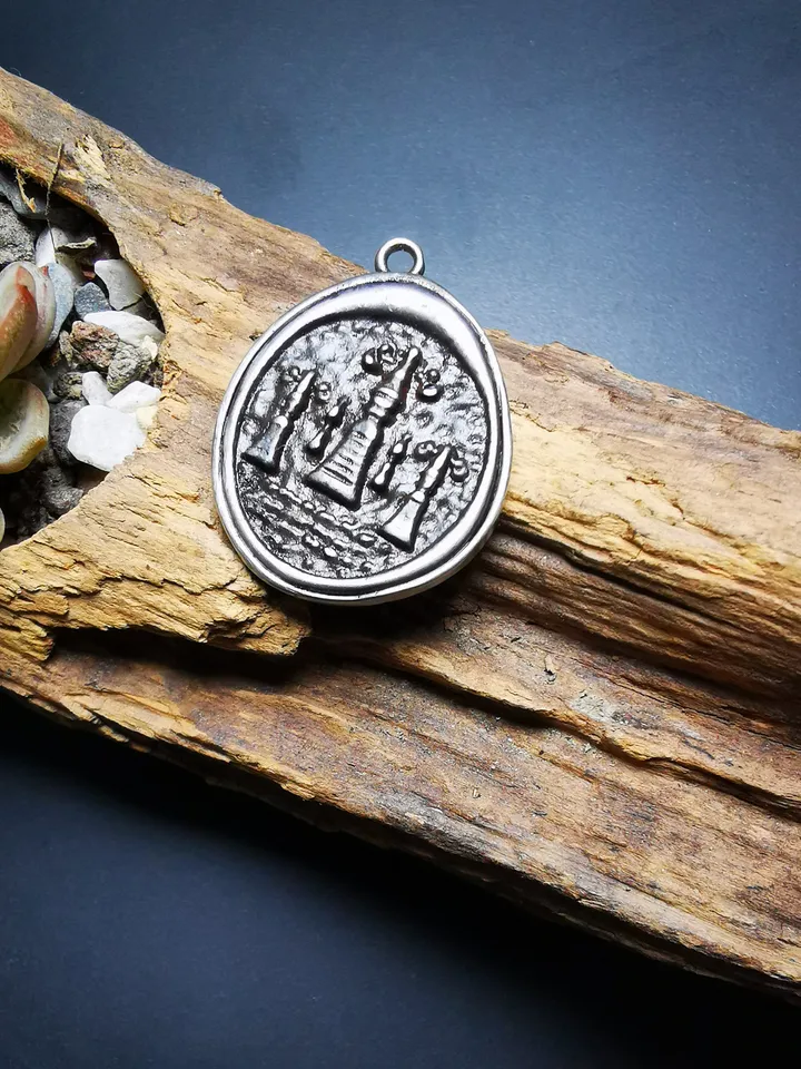 Gandhanra Antique Tibetan Buddhist Protective Pendant,Stupa,Pagoda,Buddhist Tower Amulet Badge,Made of Thokcha,inlaid with Sliver