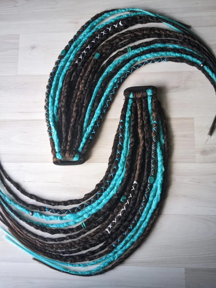 Dreads on hair tie Ponytail dreadlocks for party Brown mix with mint crochet dreads with decorations Bohemian boho hippie hairstyle