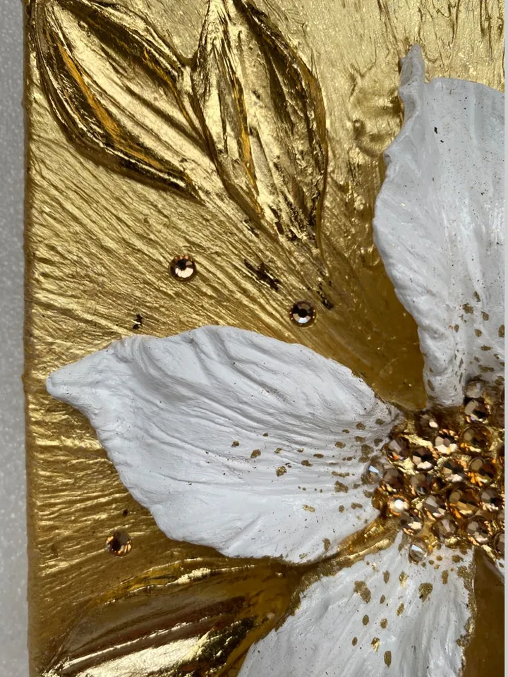 White and Gold Flower art Lily Textured artwork Floral painting by Juliya JC