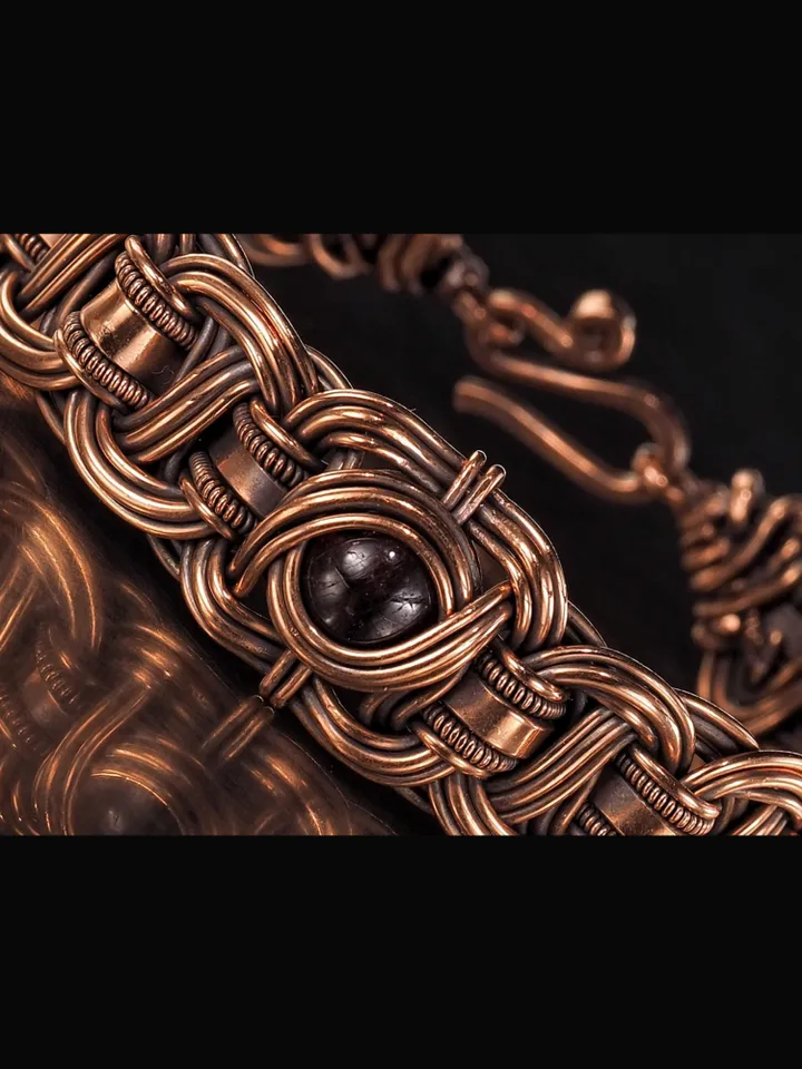 Copper wire wrapped garnet bracelet Unique bangle 7th Wedding Anniversary