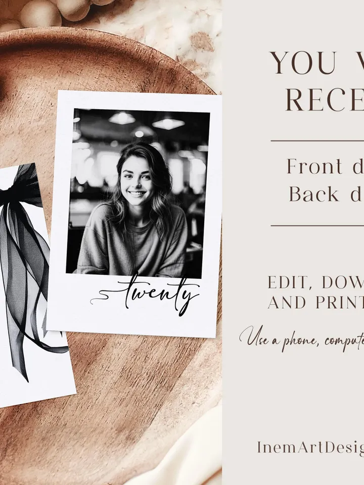 Coquette Black Bow 20th Invitation, Editable Twentieth Birthday Party Invite, DIY Digital Black Ribbon, Cheers to Twenty Invite