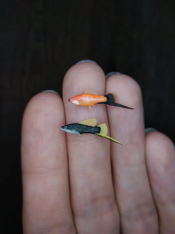 Miniature clay Swordtail fish 5 pcs, tiny fish for diorama, dollhouse or resin art