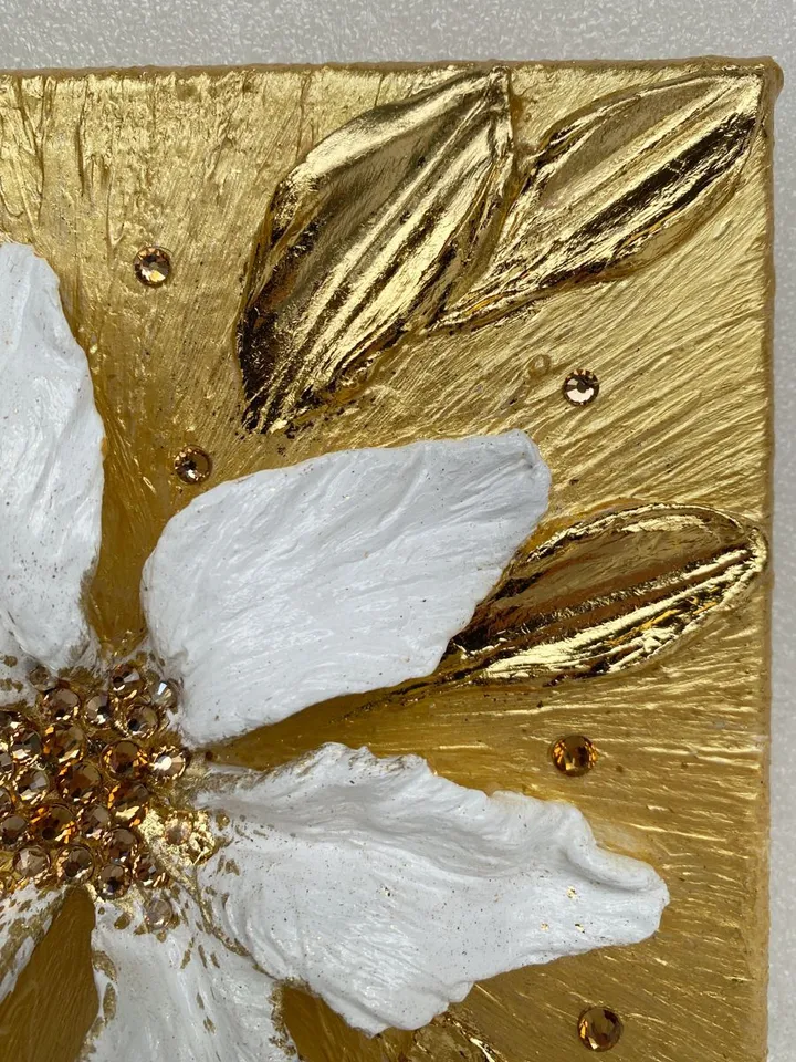 White and Gold Flower art Lily Textured artwork Floral painting by Juliya JC