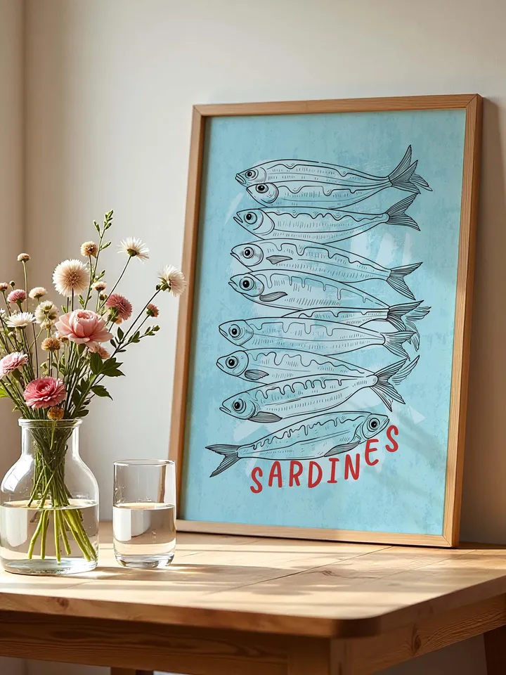 Sardine Wall Art, Sardines Tin Fish Poster, Colorful Kitchen Print, Maximalist Home Decor, Vintage Style Digital Artwork, Retro Sardine Art