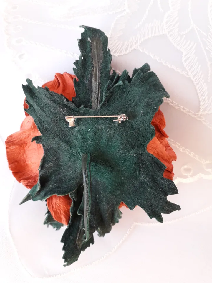 Red poppy leather brooch 3rd anniversary gift for wife, Leather women's jewelry