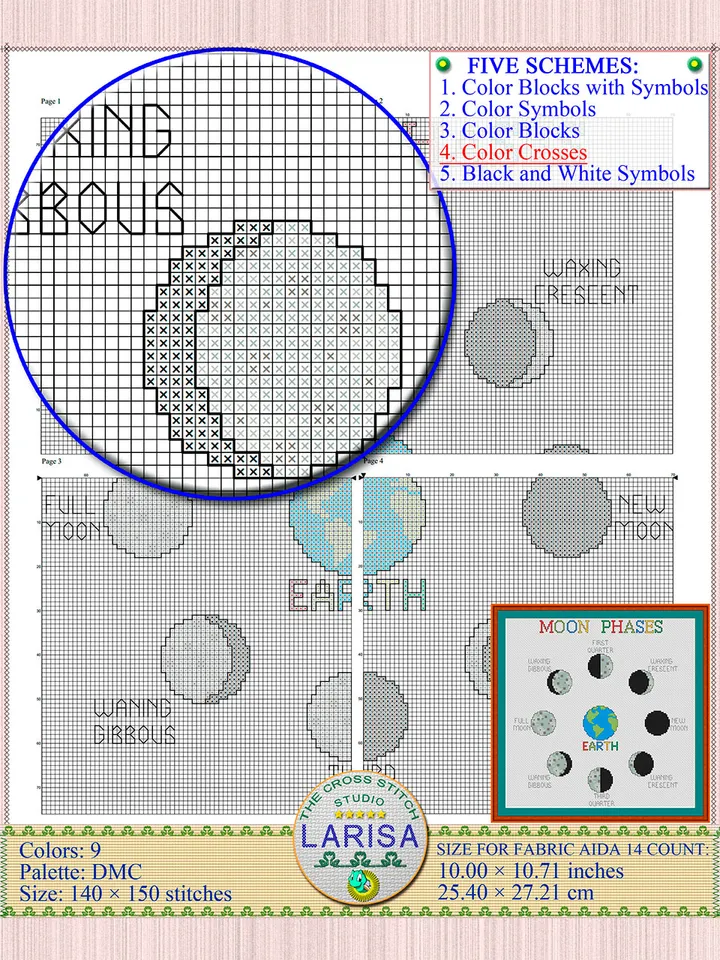 Moon Phases Cross Stitch Pattern | Lunar Phases Chart
