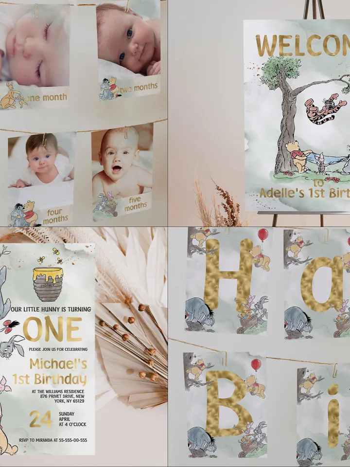 DIY Winnie Pooh Birthday Bundle; Editable 1st Birthday Party Template; Winnie the Pooh Birthday Party; Pooh Birthday Party Decoration; wpg15