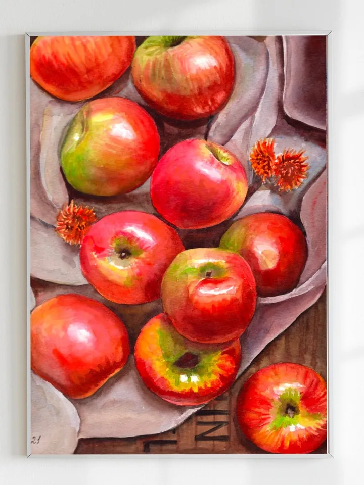 Apple Watercolor Painting Art Kitchen Decor Home Decor Still Life apple Wall Food Art Print Colorful Red Apples Poster Watercolor Painting