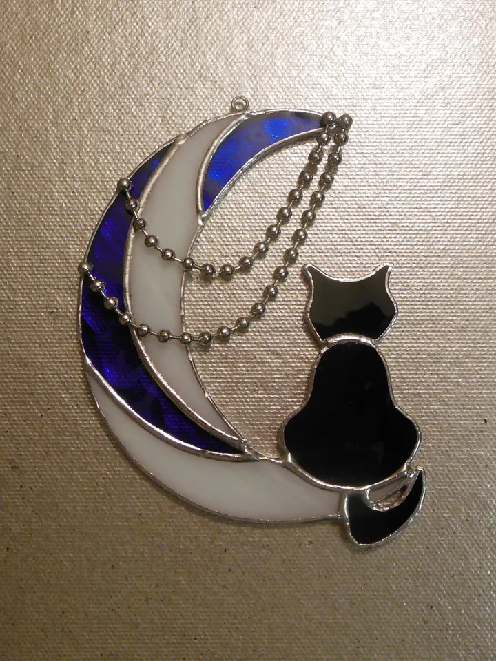 Black Cat On Moon with Chains . Art stained glass hanging Suncatcher . Gift for animal lover , pet loss memorial White , blue and black