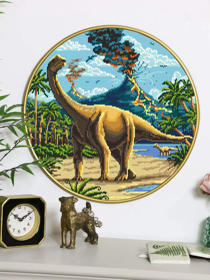 Dinosaur cross stitch pattern download PDF, Ancient animal cross stitch chart, Nature landscape cross stitch, Dinosaur world embroidery #D1
