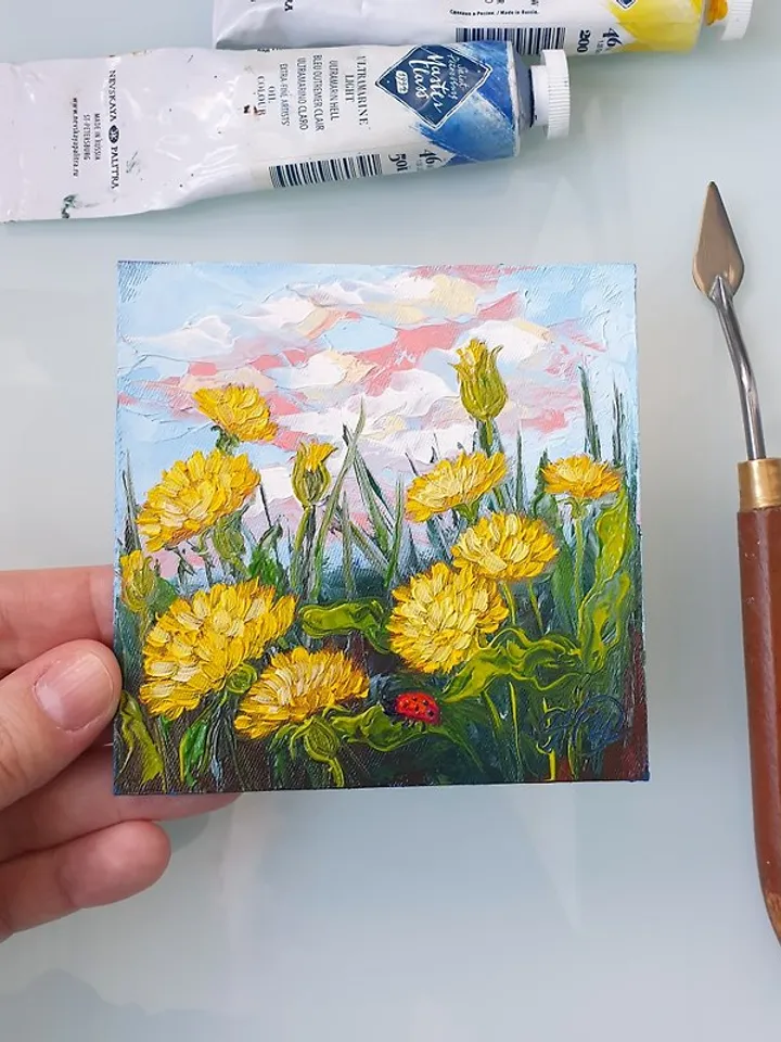Dandelions Painting Ladybug Original Art Wildflower Wall Art Small Oil Painting