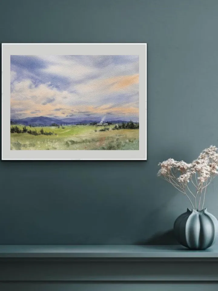 Landscape Original Watercolor Painting Fields Painting Meadow Painting