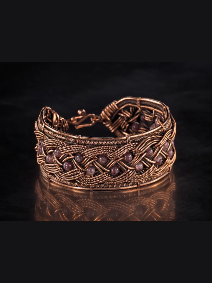 Copper wire wrapped bracelet with amethyst for lady Antique style WireWrapArt